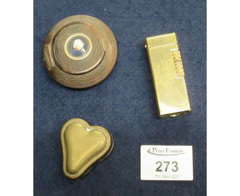 Turned treen circular snuff box with a central portrait of a gentleman, together with a brass heart-shaped box and a gold pla