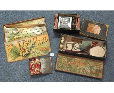 Box of assorted items to include; 'New and Improved Fish Pond game', the new table game of ping pong or Gossima in original b