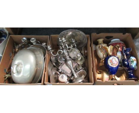 Two boxes of metalware to include; candlesticks, candelabra, tray, serving platter, part coffee set, wine coaster, butter dis