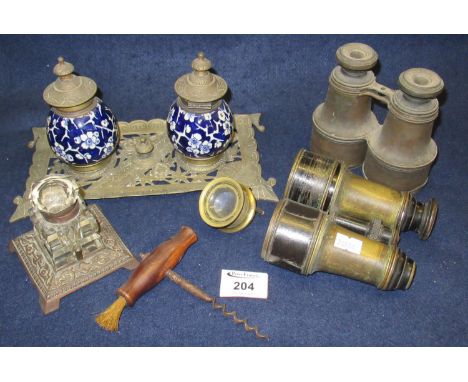 Box of oddments to include desk inkwell set, with blue and white prunus porcelain baluster inkwells, vintage cork screw, and 