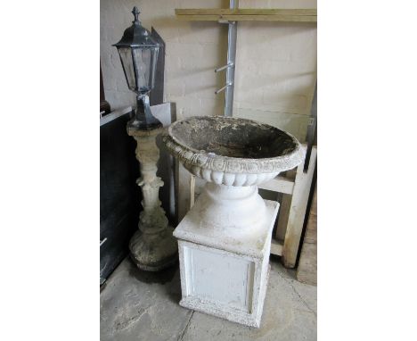 Large garden composite urn shaped campana planter on square section stand, together with garden ornamental lantern light on s