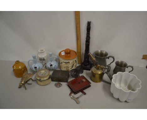 Mixed Lot: Various assorted ceramics, pewter tankards, vintage blow lamp, jelly mould etc
