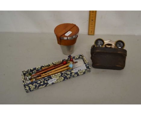 Mixed Lot: Cased pair of mother of pearl mounted opera glasses, various beaded lace bobbins and a portable Swedish steel cup