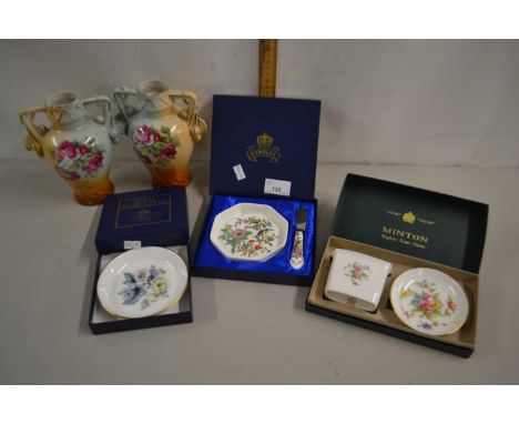 Mixed Lot: Pair of rose patterned vases, boxed Aynsley butter dish and knife, Royal Worcester pin dish and further Minton vas