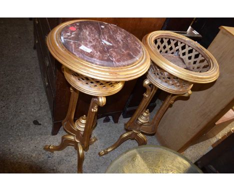 Pair of modern gilt wood effect marbled topped lamp or plant stands, damaged condition