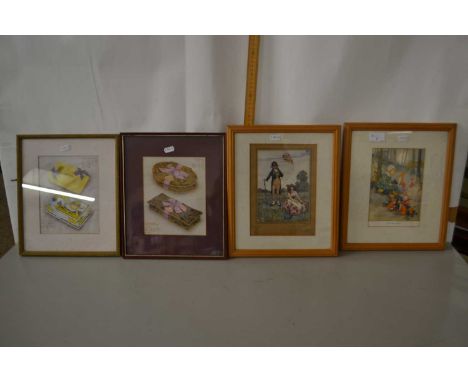 Mixed Lot: Framed vintage advertising pictures for chocolates together with a further framed Queens Gift Book print A Man of 