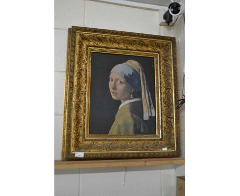 After Vermeer, The Girl with the Pearl Earring, coloured print set in a heavy gilt frame