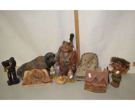 Mixed Lot: Various assorted ornaments to include a Bison, a Troll, modern Chinese figures and a polished marble mantel clock
