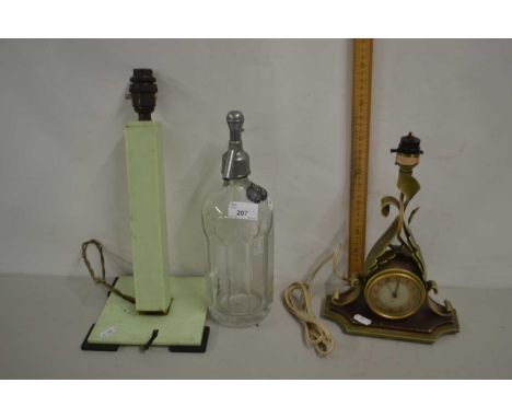 Vintage Smiths combination table lamp and mantel clock together with a further retro table lamp and a soda syphon