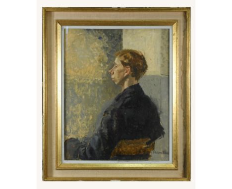 Portrait of a young man signed 'Philippa Romer' (lower right) oil on board 59 x 47cm