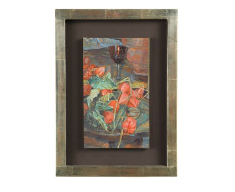Chinese Lanterns with a Ruby Glass oil on birch ply 24 x 14cm Provenance: With Messum's Fine Art, London