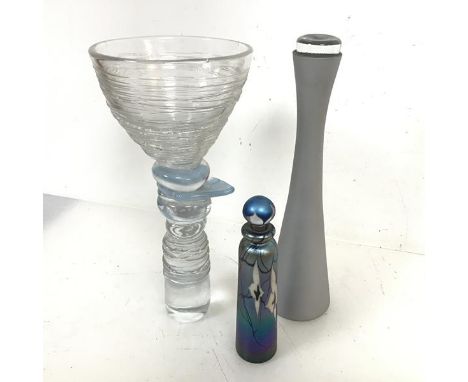 An Okra Glass Studio bottle with stopper with floral and lustre decoration (19cm) and a Studio Glass decanter with silvered e