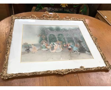 After J. Moragas Pomer, 18thc Pleasure Garden, reproduction lithographic print in composition gilt frame, with ribbon crest (