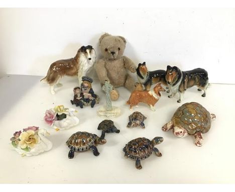 A collection of ceramic animals including Wade tortoises, a Beswick Collie and other Collies, a V.Potting tortoise and anothe