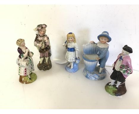 A collection of late 19thc and 20thc ceramic figures, including Boy with Basket (h.17cm), Lute Player, Gentleman and a Lady w