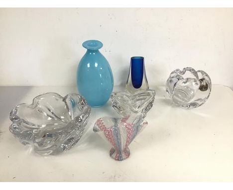 A collection of vintage glass including two flower bowls of naturalistic form, a cloudy blue vase of baluster form (20cm), a 