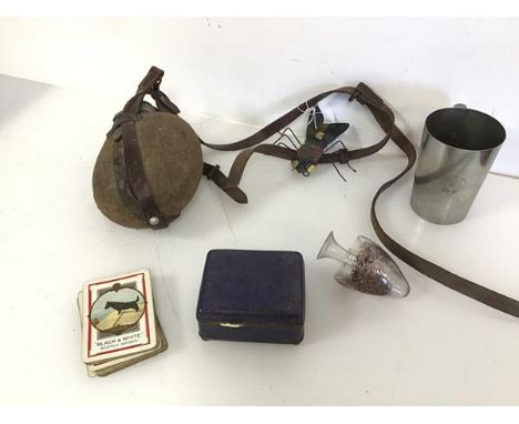 A mixed lot including a metal flask in felt and leather carrier (23cm), a glass vase of amphora form, a pewter mug, a cloison