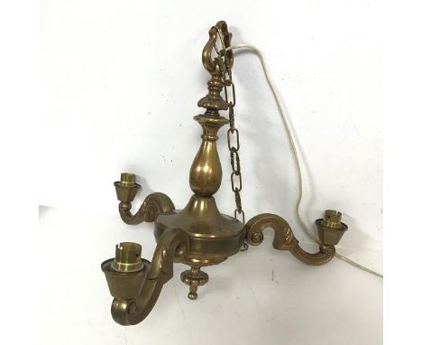 A brass three arm hanging light with foliate C scroll arms (41cm x 39cm)