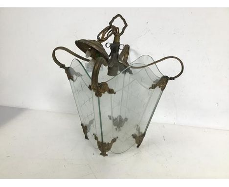 A vintage hall lantern with four etched glass panels suspended by metal frame (34cm x 23cm x 23cm)