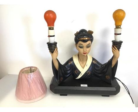 An unusual mid 20thc painted plaster table lamp in the form of a Japanese Woman her arms, each holding a light fitting comple