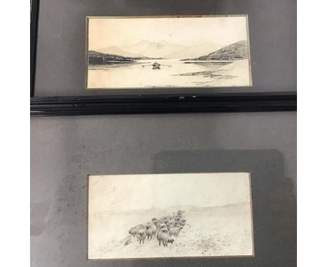 Scottish school, Figure Rowing in a Loch, pencil and ink sketch (8cm x 18cm) and a Flock of Sheep (2)