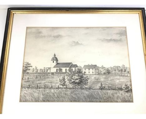 A reproduction print, Church with Parishioners, signed and dated '79 bottom right (29cm x 40cm)