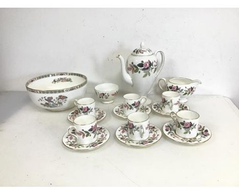 A Wedgwood Hathaway Rose pattern coffee service with coffee pot (22cm x 20cm x 11cm), six demi tasse, six saucers, sugar bowl