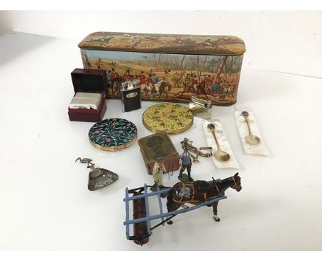 A mixed lot including a biscuit tin with Hunting scene, diecast figures and horse pulling a roller, souvenir spoons with abal