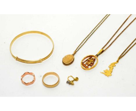 A collection of gold and other jewellery, including: 9ct gold bangle; 9ct gold St Christopher pendant, on 9ct gold chain; 9ct