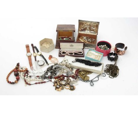 A selection of costume jewellery, including a silver cased fob watch, cultured pearl necklace and other items.