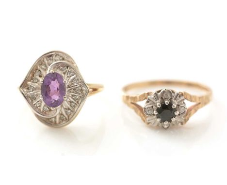 An amethyst and diamond cluster ring; and a sapphire and diamond cluster ring, in 9ct yellow gold mounts and shanks, ring siz