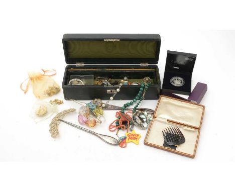 A 19th Century seed pearl and mother-of-pearl diadem mount, with later brooch fitting; a coral necklace; a malachite necklace