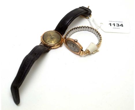 A 14ct yellow gold cased manual wind wristwatch, the dial signed indistinctly, 33mm wide including crown, on later black stra