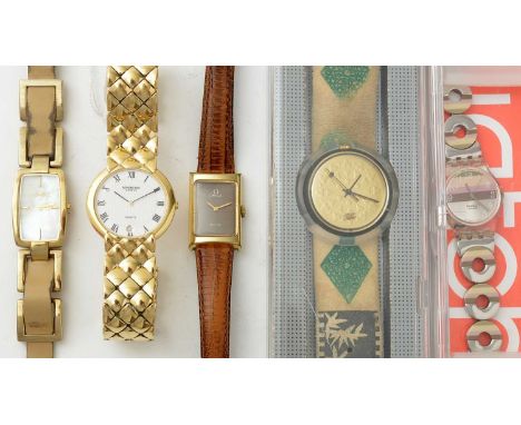 An Omega De Ville gilt cased wristwatch, with manual wind movement; boxed; together with a Swatch Pop watch and another Swatc