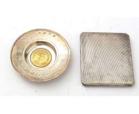 A silver cigarette case; and a silver dish commemorating the Scout Movement, limited 24/1000, 5.5oz gross.