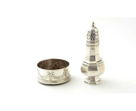 A silver sugar caster, of hexagonal baluster form, by Hampton Utilities, Birmingham, 5.0oz.; and a silver mounted turned maho