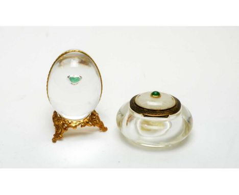 Two rock crystal bijouterie novelties, comprising; a ring box with a gilt-white-metal mount, a hinged cover with frosted came