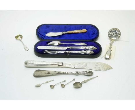 A selection of silver flatware, including: a christening set in case (plated associated spoon); sugar sifter; a fish server w