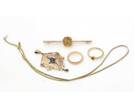 A citrine and 9ct gold bar brooch; a sapphire set 9ct yellow gold Edwardian pendant, on gilt metal chain; a 9ct gold wedding 