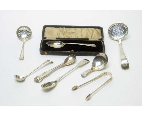 Georgian and later silver flatware, including a Georgian shell-pattern salt spoon by William Bateman II, London, 1831, a Geor