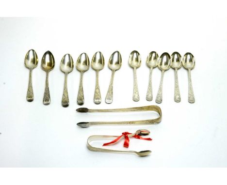 Two sets of six silver teaspoons and sugar tongs, by Dorothy Langlands, Newcastle, and Hammond, Creake &amp; Co, Sheffield, 7