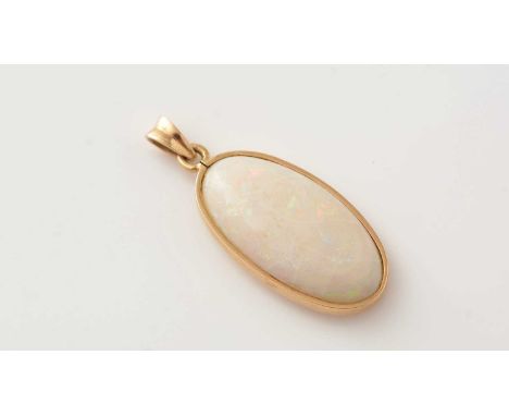 A white opal pendant, the oval opal cabochon in 9ct yellow gold mount and bale.