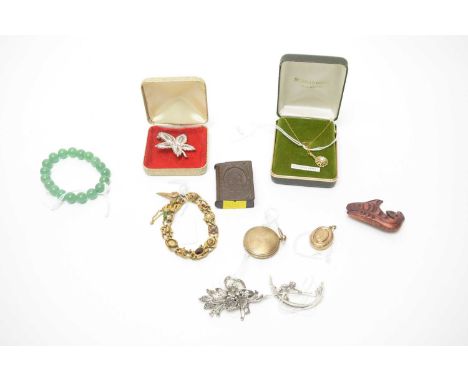 Victorian and later costume jewellery and accessories, including a silver gilt vesta case in the form of a fob watch, a novel
