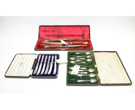 Cased silver and other flatware, including a set of six silver-handled tea knives, a partial set of nine teaspoons and matchi