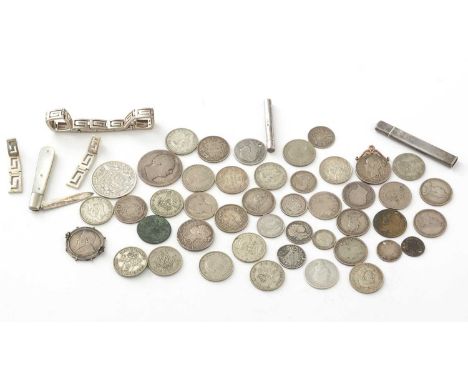 A selection of coins, including: a Queen Victoria half crown 1887; two Queen Victoria silver jubilee medallions, small and on