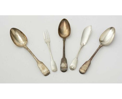 Three Georgian silver tablespoons, with engraved initials and various makers; a silver fish knife and a silver fork with blad