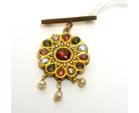A Mowgli Indian high-carat yellow metal, half pearl, and gemstone pendant brooch, on a yellow-metal suspender marked '9ct', 9