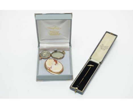 Jewellery including a lady's 15ct yellow-metal and seed pearl stick pin, in a fitted case, and a cameo pendant brooch, set in