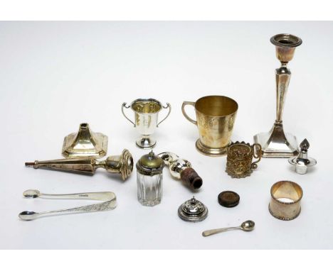 A silver Coronation tankard, with engraved dedication, 3.2oz; together with other silver items inluding candlesticks, tongs, 