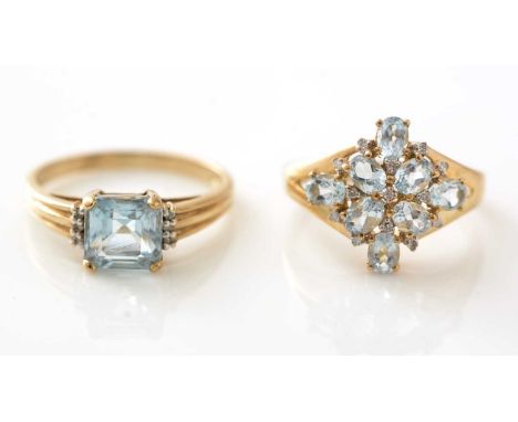 Two topaz and diamond rings, in 9ct yellow gold mounts and shanks, ring size M/P, 4.9g gross.